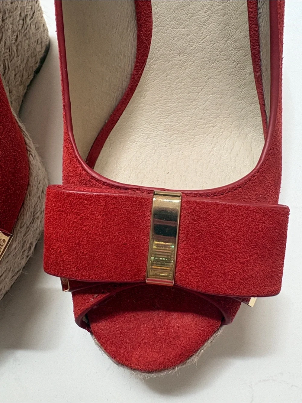 Michael Kors Red Suede Peep-Toe Espadrille Wedges with Bow